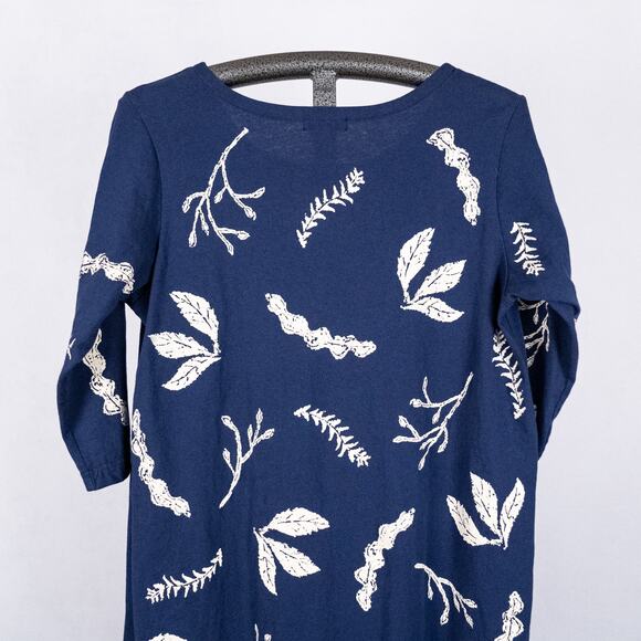 M MAC Botanical Print Shift Dress Blue LARGE Earthy Leaf Boho Casual Lagenlook - Picture 4 of 5